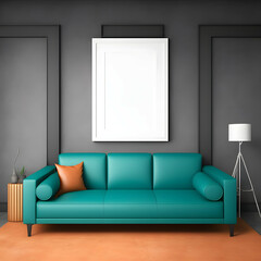 Stylish Frame Gallery Mockup in Living Room Interior with Modern Furniture, Teal Sofa, Multi Frame Mockup, Generative AI