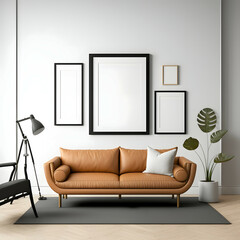 Stylish Frame Gallery Mockup in Living Room Interior with Modern Furniture, Multi Frame Mockup, Generative AI