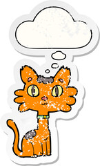 cartoon cat and thought bubble as a distressed worn sticker