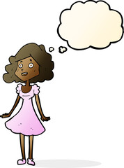 cartoon happy woman in dress with thought bubble