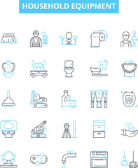 Household equipment vector line icons set. Furniture, Appliances, Utensils, Dishes, Cutlery, Vacuum, Blender illustration outline concept symbols and signs