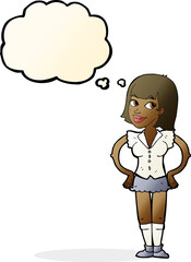 cartoon woman with hands on hips with thought bubble
