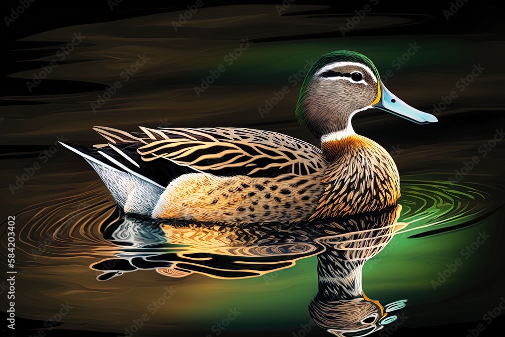 Poster vertical closeup of a duck swimming in a pool of reflected water. generative ai