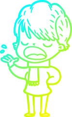 cold gradient line drawing cartoon woman talking