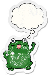 cartoon frog and thought bubble as a distressed worn sticker
