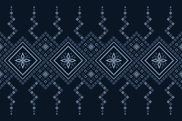 Indigo navy blue geometric traditional ethnic pattern Ikat seamless pattern border abstract design for fabric print cloth dress carpet curtains and sarong Aztec African Indian Indonesian 