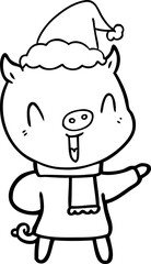 happy line drawing of a pig in winter clothes wearing santa hat