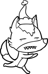 line drawing of a wolf showing teeth wearing santa hat