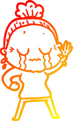 warm gradient line drawing cartoon old woman crying and waving