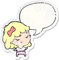 cute cartoon happy girl and speech bubble distressed sticker