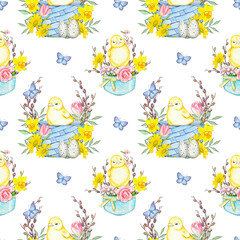 Seamless Easter pattern with chickens in baskets