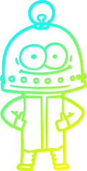 cold gradient line drawing happy carton robot with light bulb