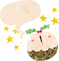 cute cartoon happy christmas pudding and speech bubble in retro textured style