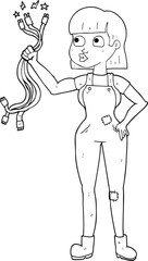 black and white cartoon female electrician
