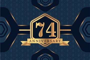 74th year anniversary celebration luxury golden logo vector design with black elegant color on blue abstract background 