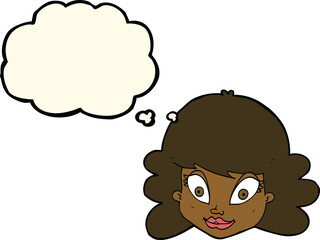 cartoon happy female face with thought bubble