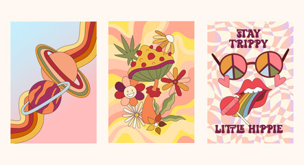 Groovy retro posters or cards set with mushroom, planets and rainbow, 70s nostalgia positive vibes, stylised hippie glasses and lips, vector illustrations set