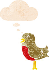 cartoon bird and thought bubble in retro textured style