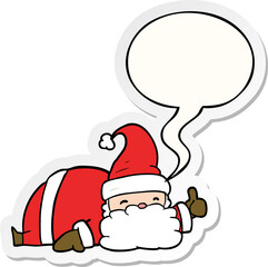 cartoon sleepy santa giving thumbs up symbol and speech bubble sticker