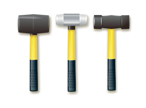 Set of hammers for laying paving slabs with fiberglass handle. Vector industrial workers tool. Equipment for repair, contract and locksmith work. Vector