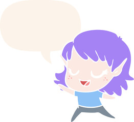 carton happy elf girl dancing and speech bubble in retro style