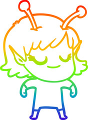 rainbow gradient line drawing smiling alien girl cartoon