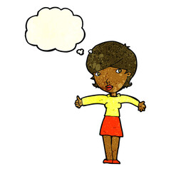 cartoon woman giving thumbs up symbol with thought bubble