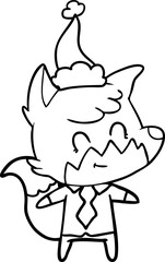 line drawing of a friendly fox wearing santa hat