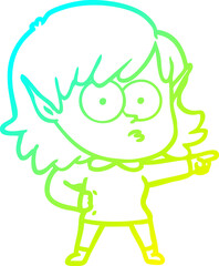 cold gradient line drawing cartoon elf girl staring and pointing
