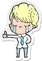 distressed sticker of a cartoon woman crying