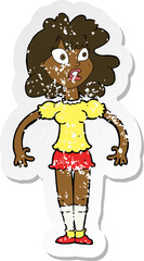 retro distressed sticker of a cartoon pretty girl with shocked expression