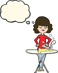 cartoon woman ironing with thought bubble