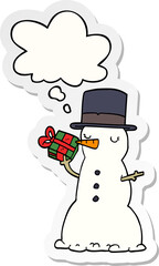 cartoon snowman and thought bubble as a printed sticker