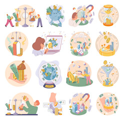 Time and money, deferred payment, financial system of global economy, capital investment, business timer countdown. Hourglass with coins and money turn into planet. World stock exchange vector set