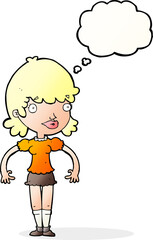 cartoon happy woman with thought bubble