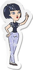 retro distressed sticker of a cartoon woman asking question