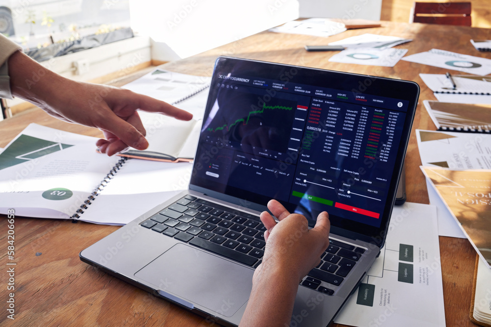 Poster Computer screen, stock market and hands of people in meeting, data analytics and statistics analysis or review growth. Laptop, software app and algorithm increase stats of analyst teamwork in office
