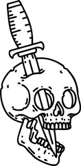 black line tattoo of a skull and dagger