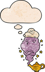 cartoon genie and thought bubble in grunge texture pattern style