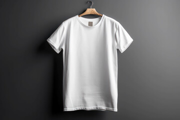 Obraz premium Modèle de tee-shirt blanc, vue de face sur un cintre, fond gris