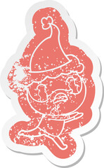 cartoon distressed sticker of a bearded man crying wearing santa hat
