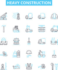 Heavy construction vector line icons set. Heavy, Construction, Excavation, Demolition, Equipment, Machines, Cranes illustration outline concept symbols and signs