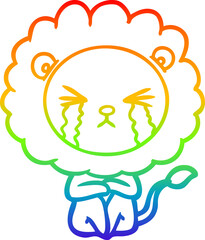 rainbow gradient line drawing cartoon crying lion sitting huddled up