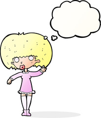 cartoon waving girl with thought bubble