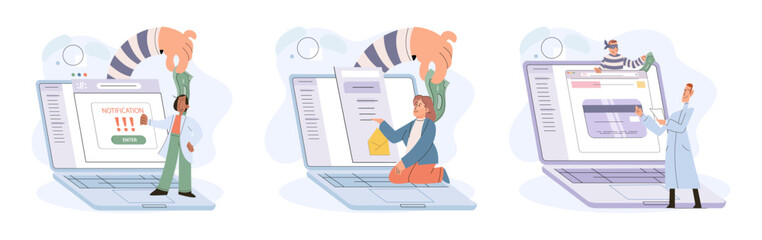 Hacker activity. Hacking computer. Phishing account, steal data, cyber attack. Stealing password. Cyber crime, theft personal information, cyber security spy access. Internet fraud scenes set metaphor