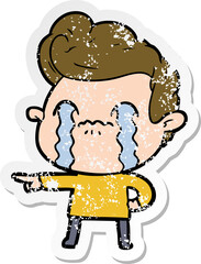 distressed sticker of a cartoon man crying