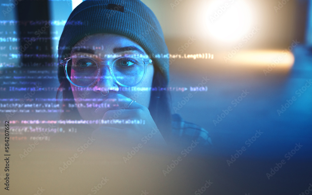 Poster Programmer, code or woman hacker in dark room at night for coding, phishing or cloud computing. Database, malware research or girl hacking online in digital transformation on ai cybersecurity website