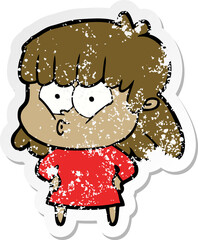 distressed sticker of a cartoon whistling girl