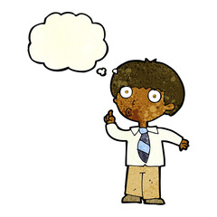 cartoon school boy with question with thought bubble