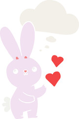 cute cartoon rabbit with love hearts and thought bubble in retro style